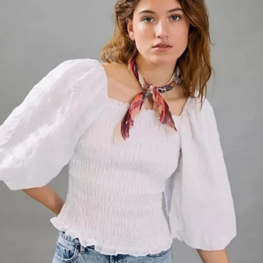 MAEVE ANTHROPOLOGIE Cotton White Blouse With Balloon Sleeves, Size S
